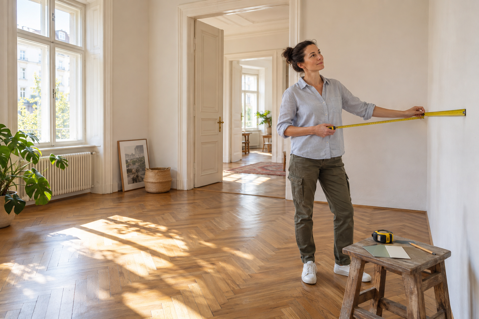 Frau misst in einem hellen Altbauwohnraum eine Wand aus