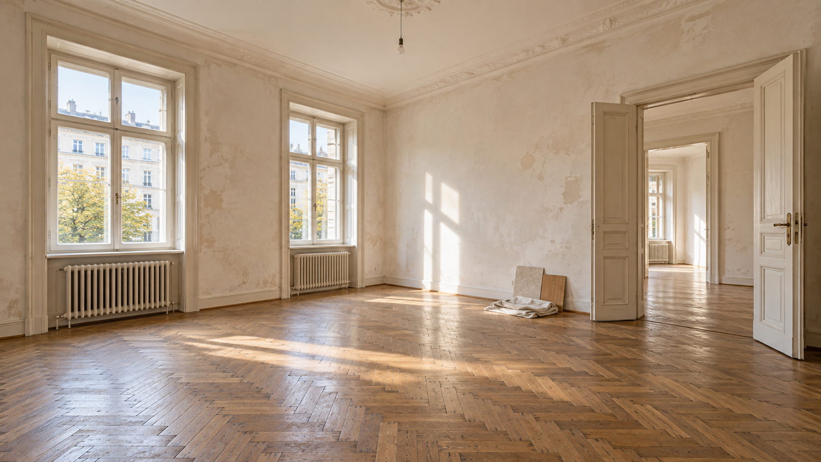 Heller leerer Altbauwohnraum mit Holzboden, hohen Fenstern und offenen Türen